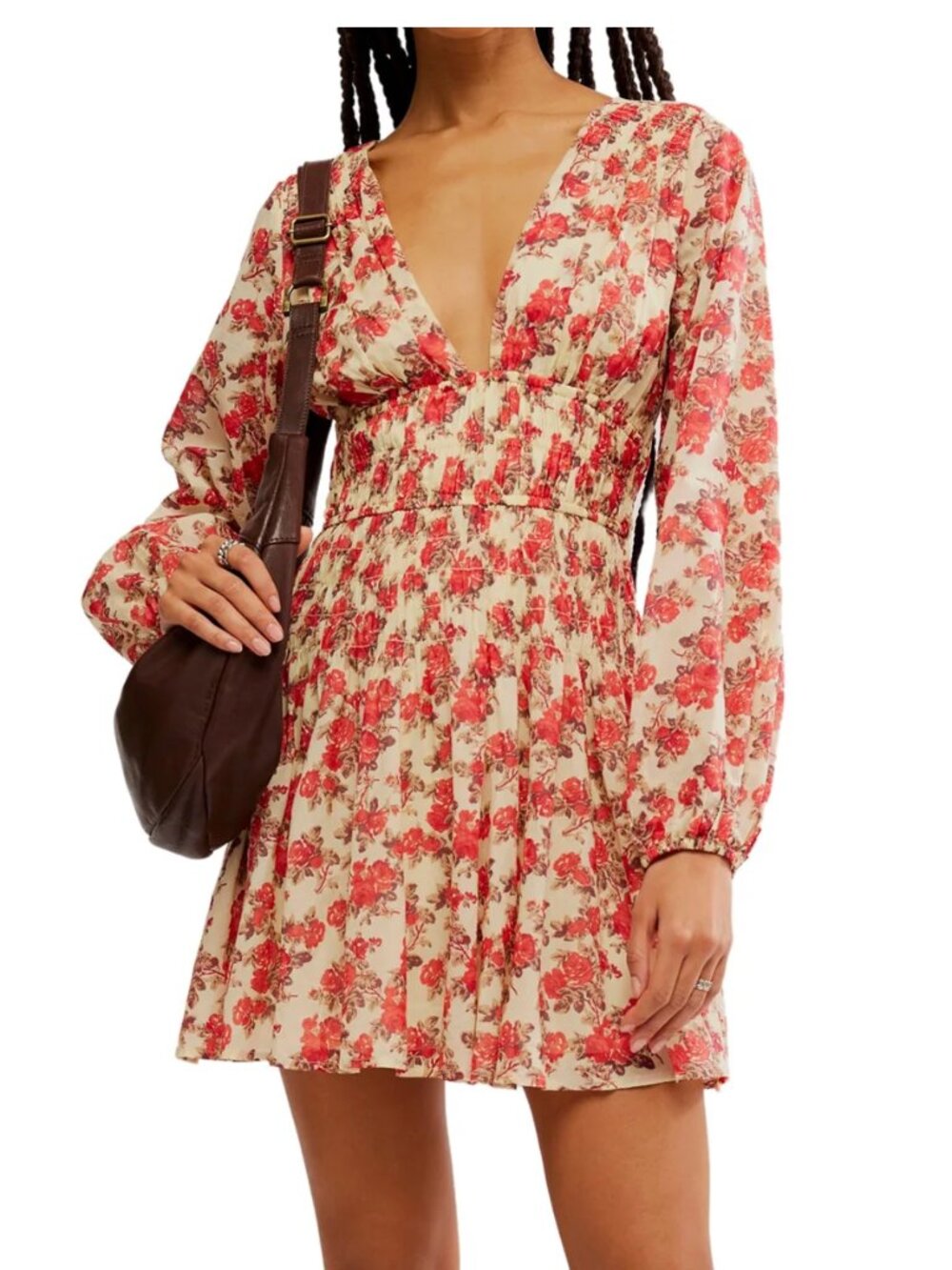 Free People NWT Keep You Mini Dress Floral Print Smocked Ivory Boho Cottage M